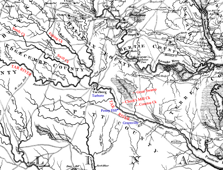 A 1776 map of Cheeks Mill Creek and 
vicinity